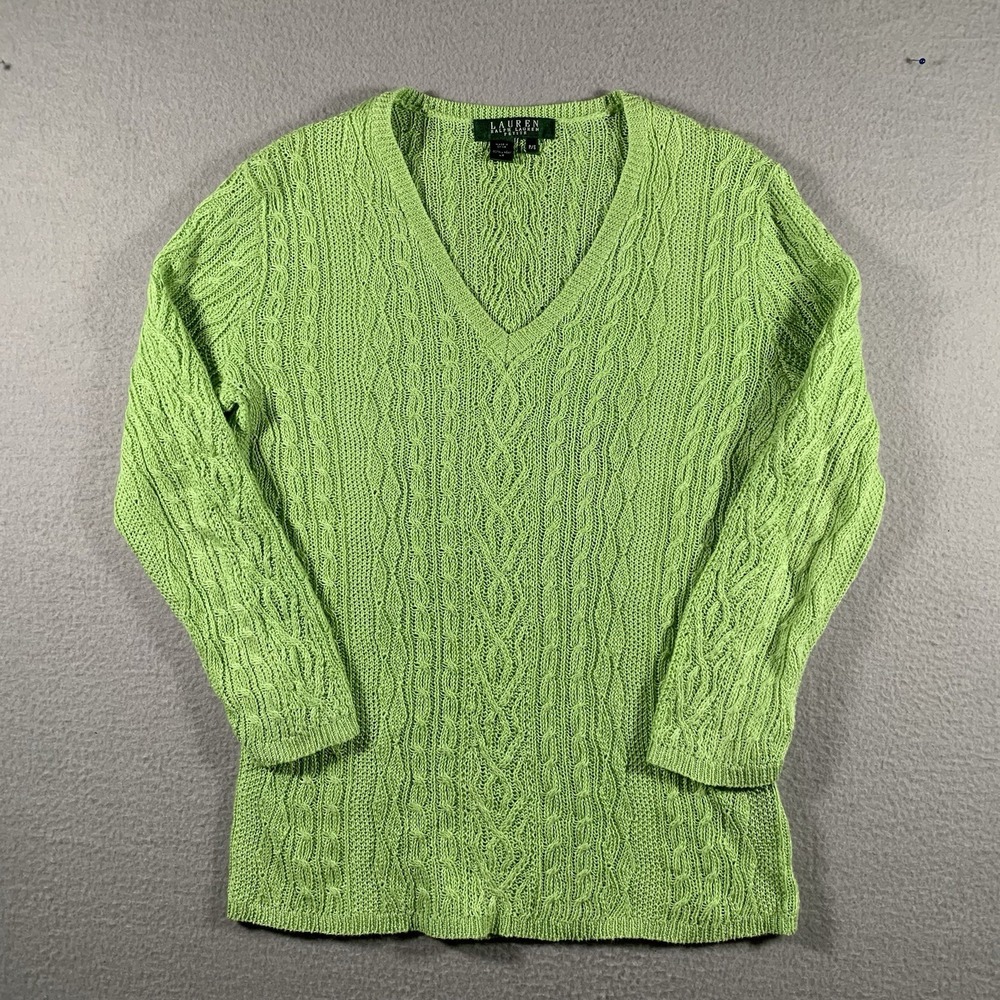 Ralph‎ Lauren 100% Linen Lightweight Cableknit V-Neck Sweater. Ladies petite  M